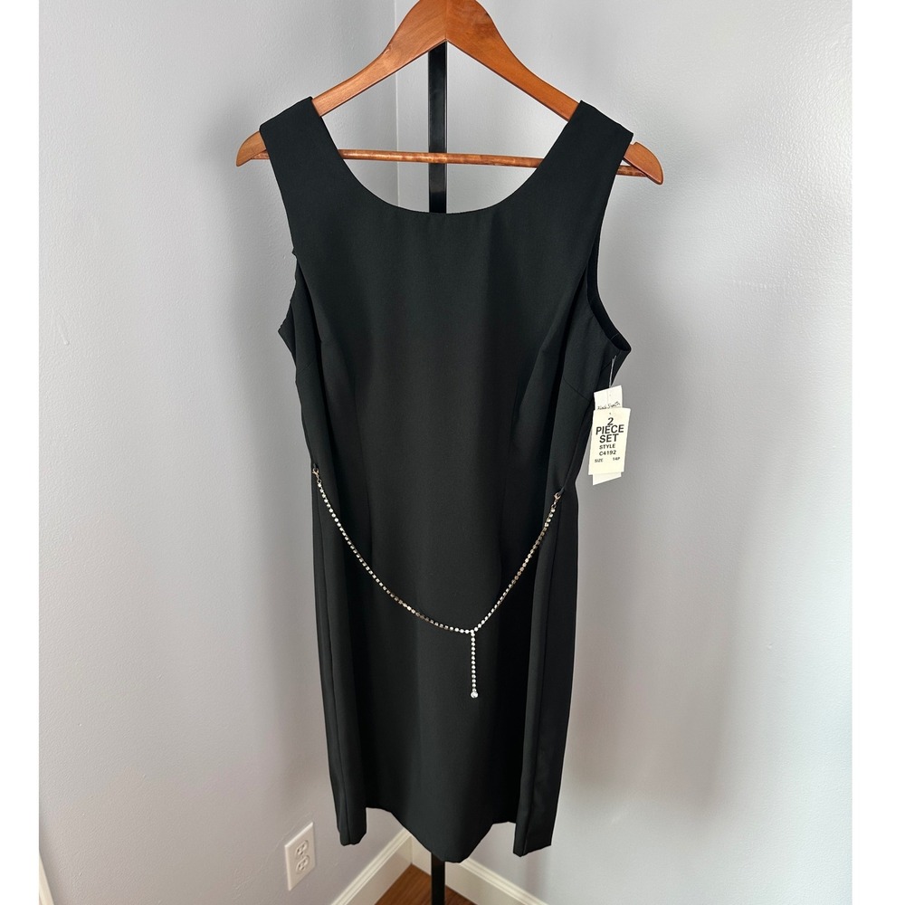 S.L. Fashion Vintage Black Sheath Dress Sleeveless Rhinestone Belt Cocktail L XL - Picture 2 of 4